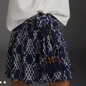 Anthropologie Rimbaud Tie Waist Mini Skirt Navy Blue Cream Size Small